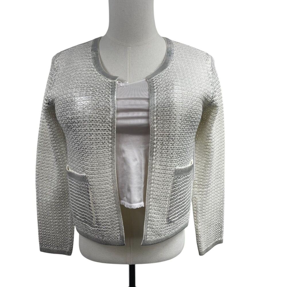 Koko + Mason Knit Cardigan Sweater L Blazer Ivory Silver Pockets Coquette Luxury